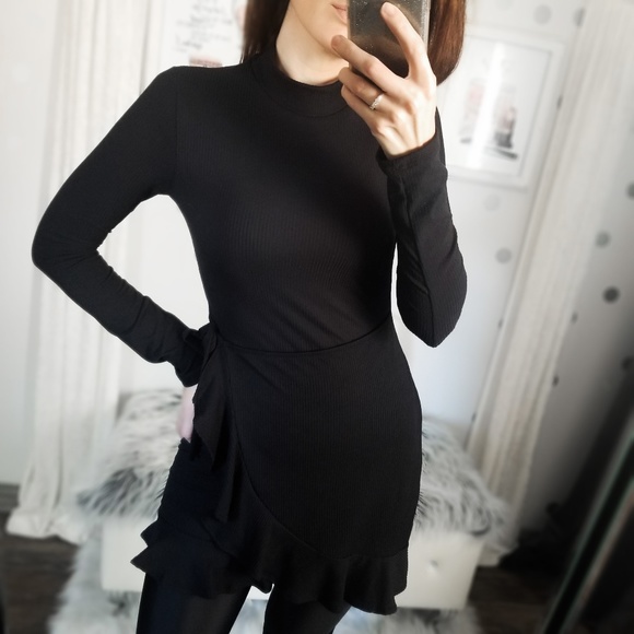 Fall Black Ribbed Knit Ruffle Dress Wrap Tunic Top Women’s Tops Clothes - Picture 4 of 10